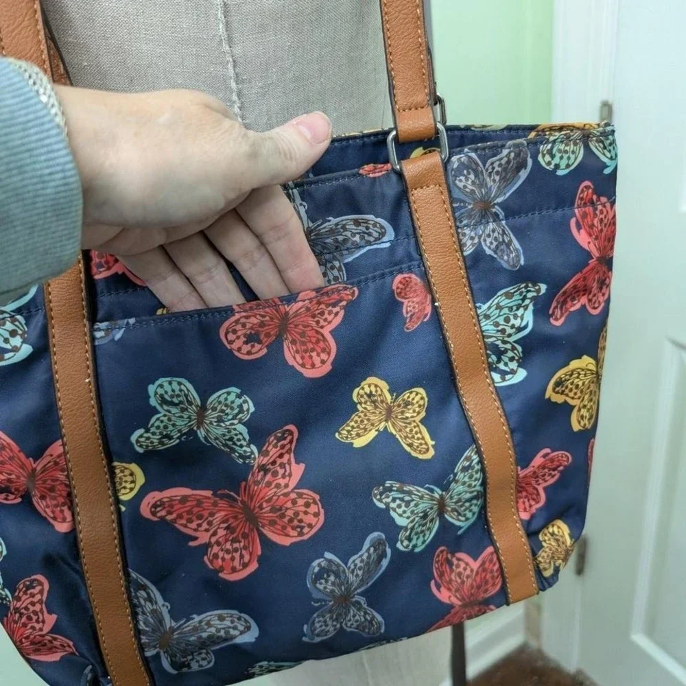 Franco Sarto navy blue‎ butterfly print tote bag with brown leather straps